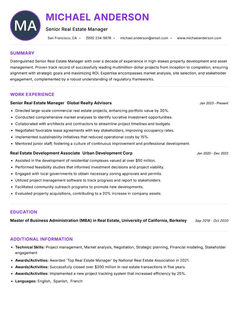 Senior Real Estate Manager resume example