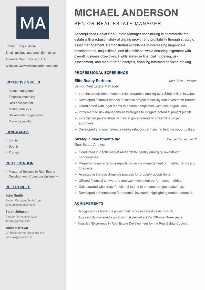Senior Real Estate Manager resume sample — Senior Real Estate Manager focus