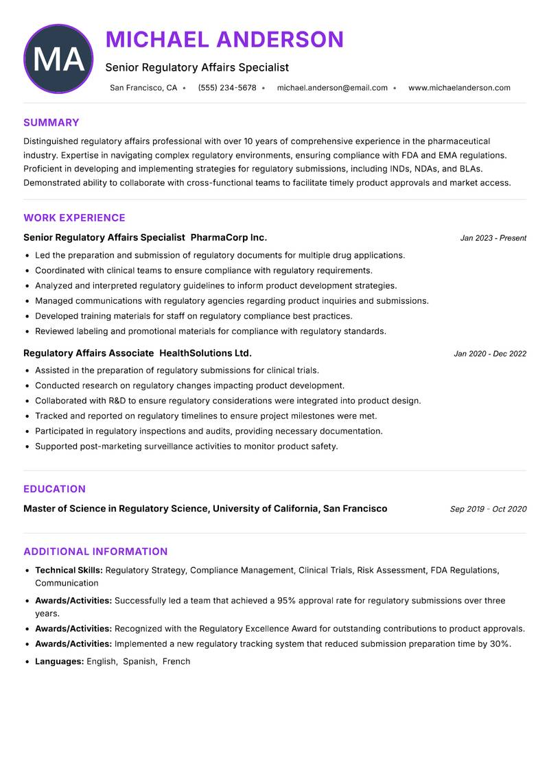 Senior Regulatory Affairs Analyst resume example