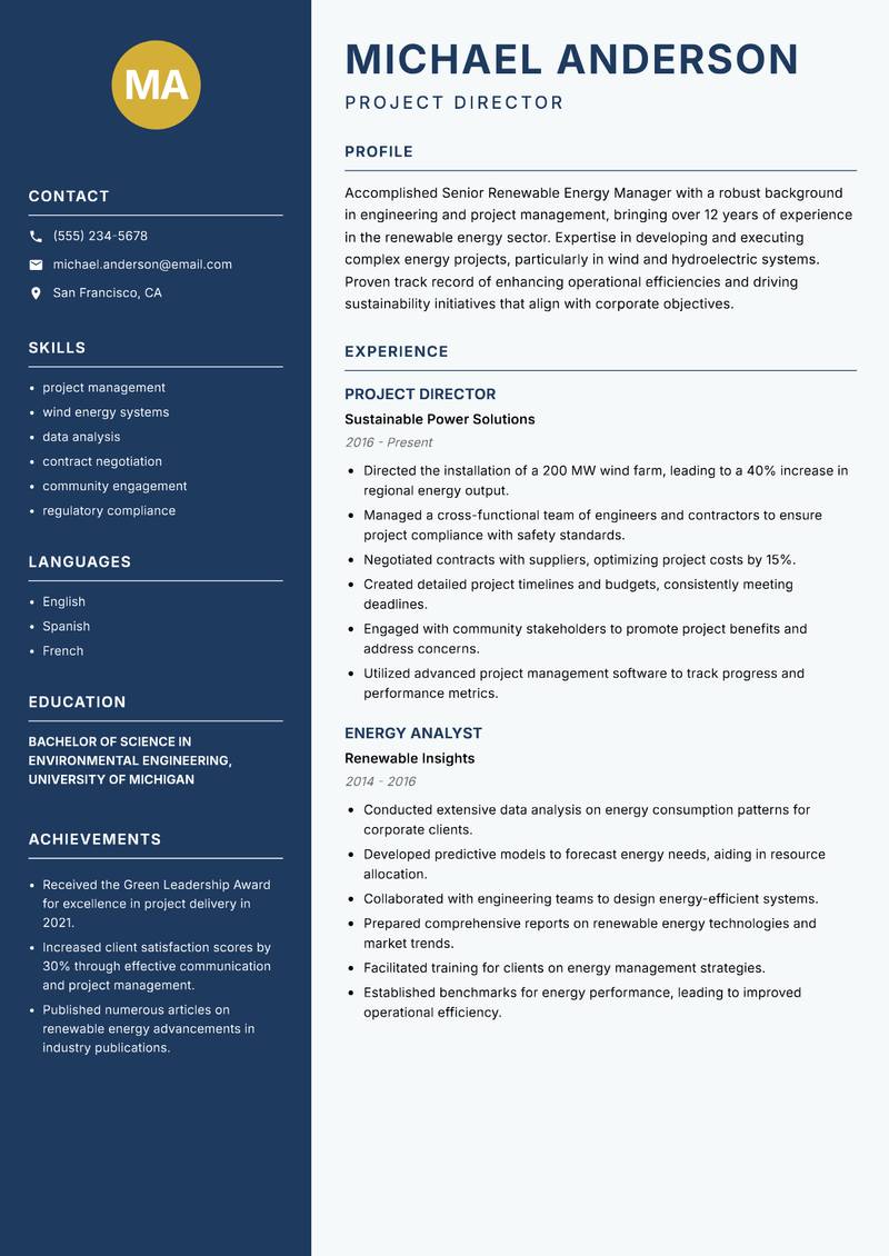 Senior Renewable Energy Manager resume sample — Project Director focus