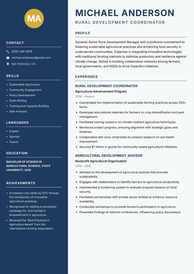 Senior Rural Development Manager resume sample — Rural Development Coordinator focus