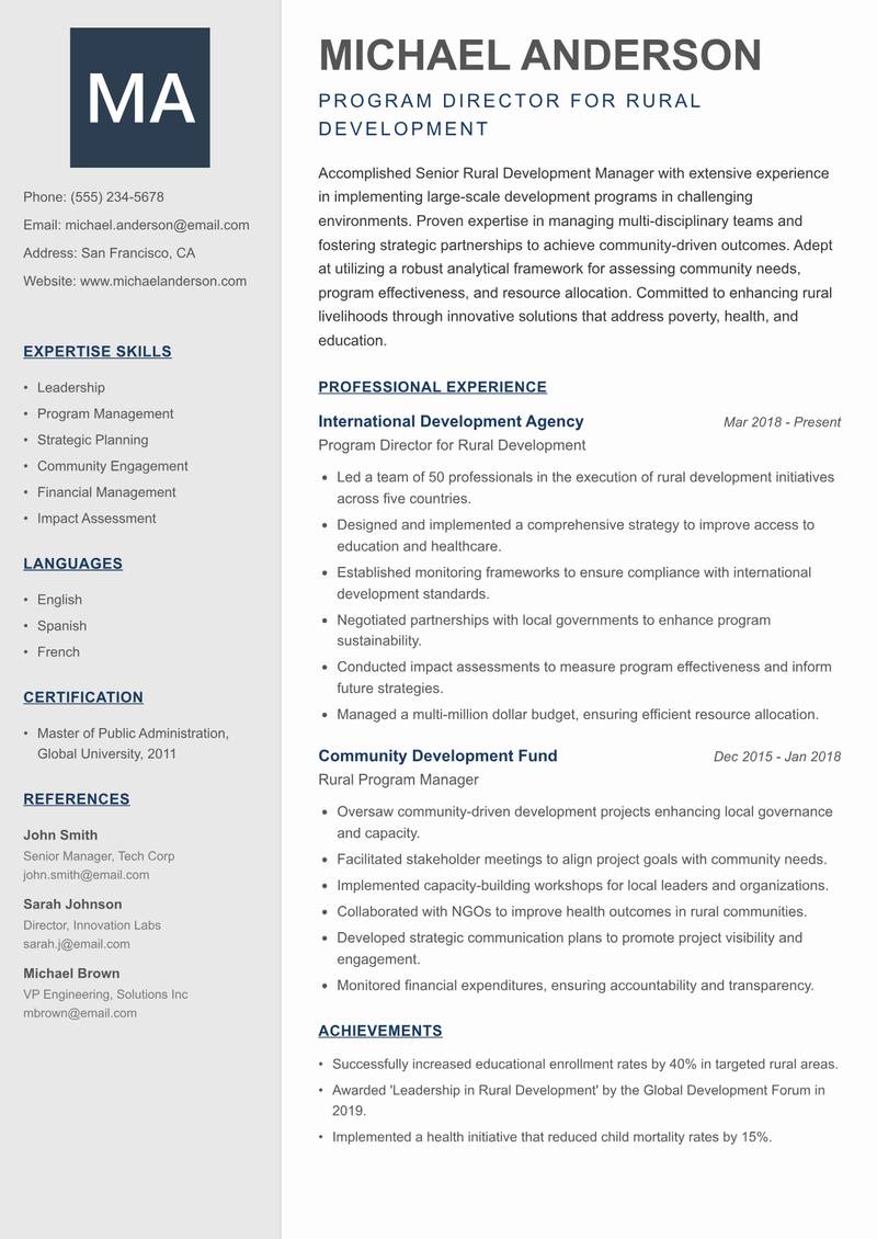Senior Rural Development Manager resume sample — Program Director for Rural Development focus