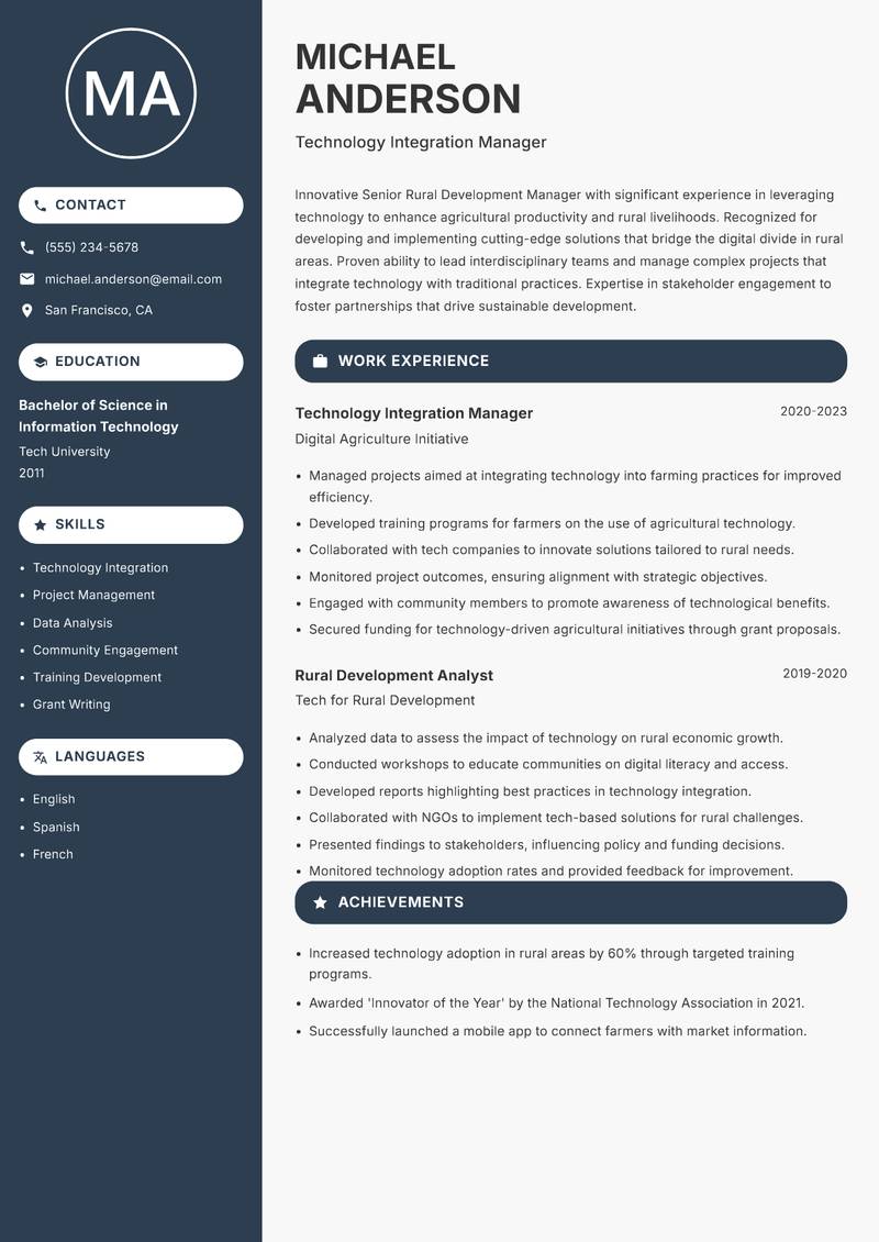 Senior Rural Development Manager resume sample — Technology Integration Manager focus