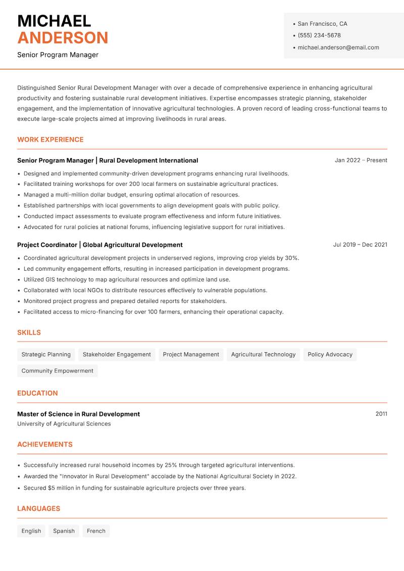 Senior Rural Development Manager resume sample — Senior Program Manager focus