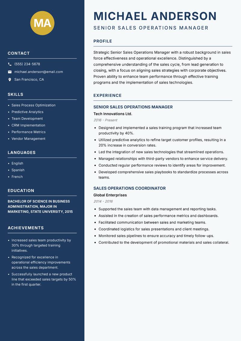 Senior Sales Operations Manager resume sample — Senior Sales Operations Manager focus