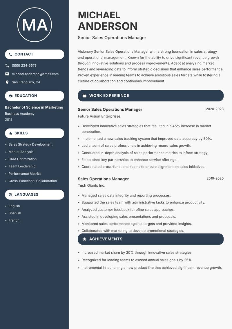 Senior Sales Operations Manager resume sample — Senior Sales Operations Manager focus