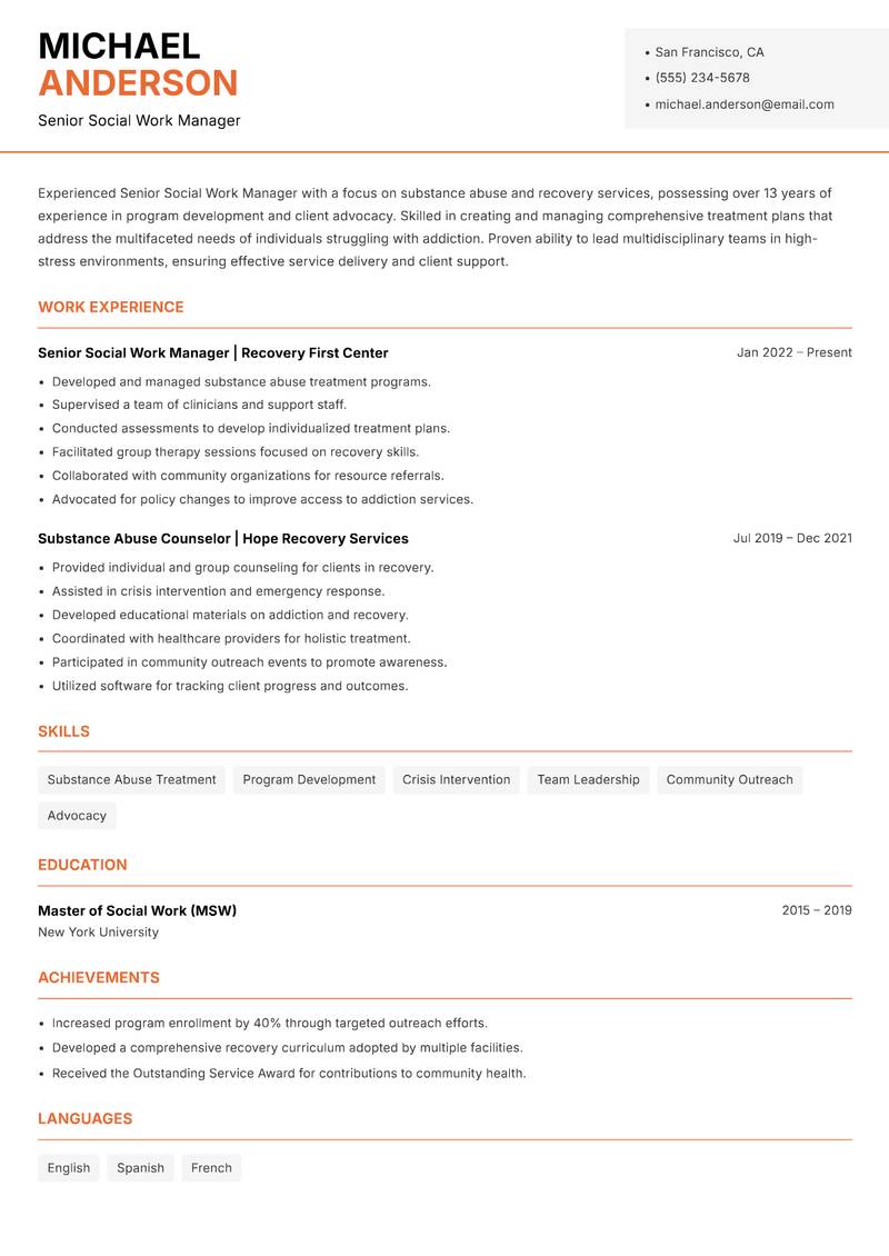 Senior Social Work Manager resume sample — Senior Social Work Manager focus