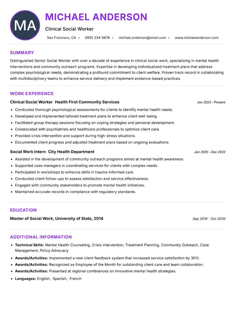 Senior Social Worker resume example