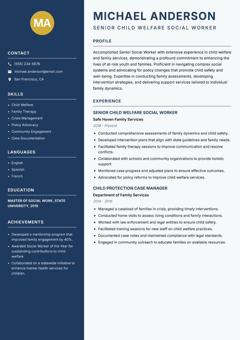 Senior Social Worker resume sample — Senior Child Welfare Social Worker focus
