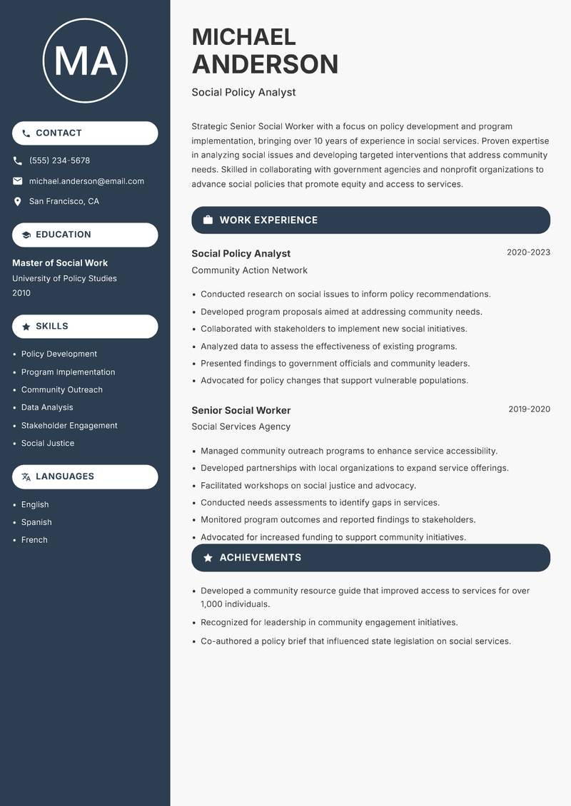 Senior Social Worker resume sample — Social Policy Analyst focus