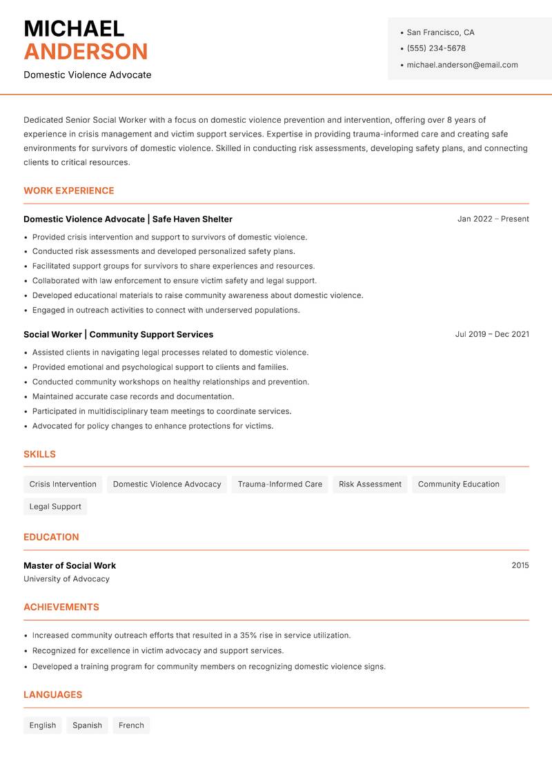 Senior Social Worker resume sample — Domestic Violence Advocate focus