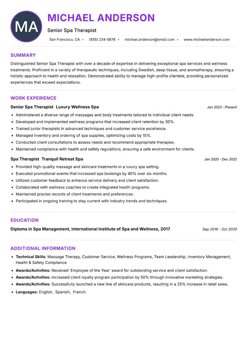 Senior Spa Therapist resume example