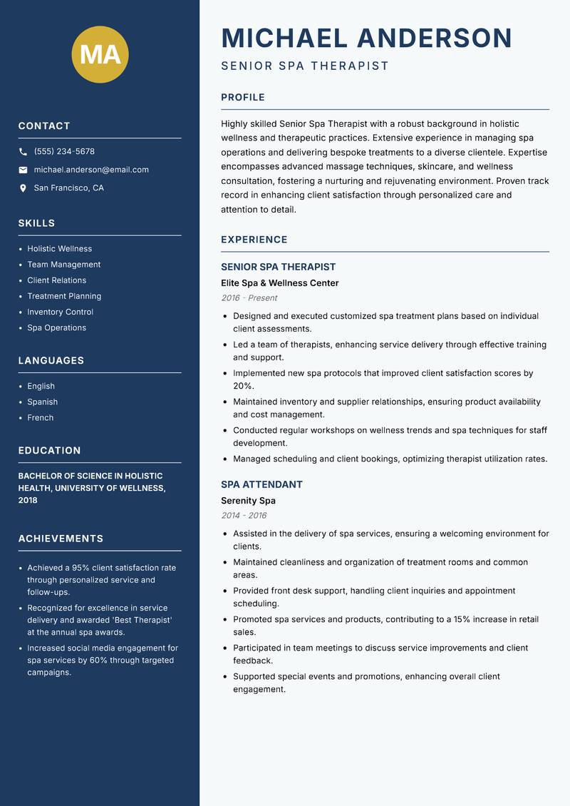 Senior Spa Therapist resume sample — Senior Spa Therapist focus