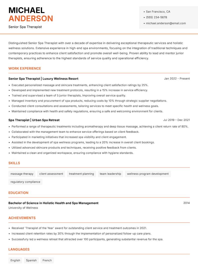 Senior Spa Therapist resume sample — Senior Spa Therapist focus
