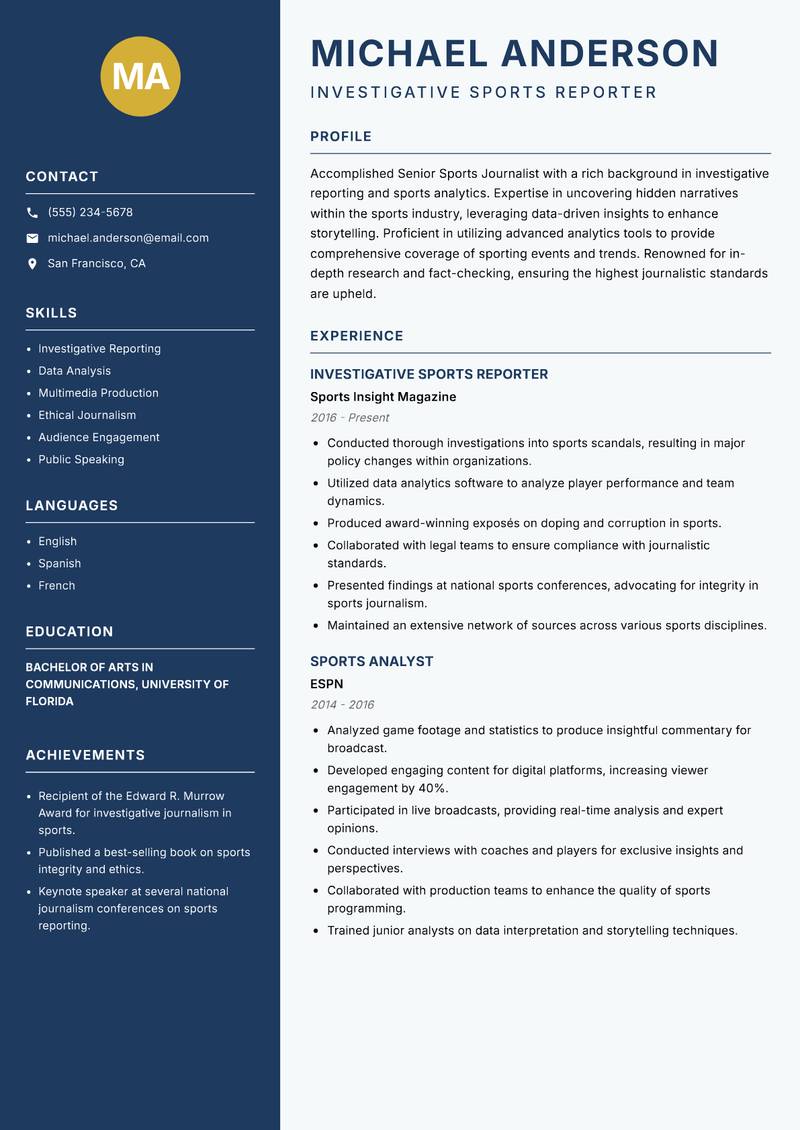 Senior Sports Journalist resume sample — Investigative Sports Reporter focus