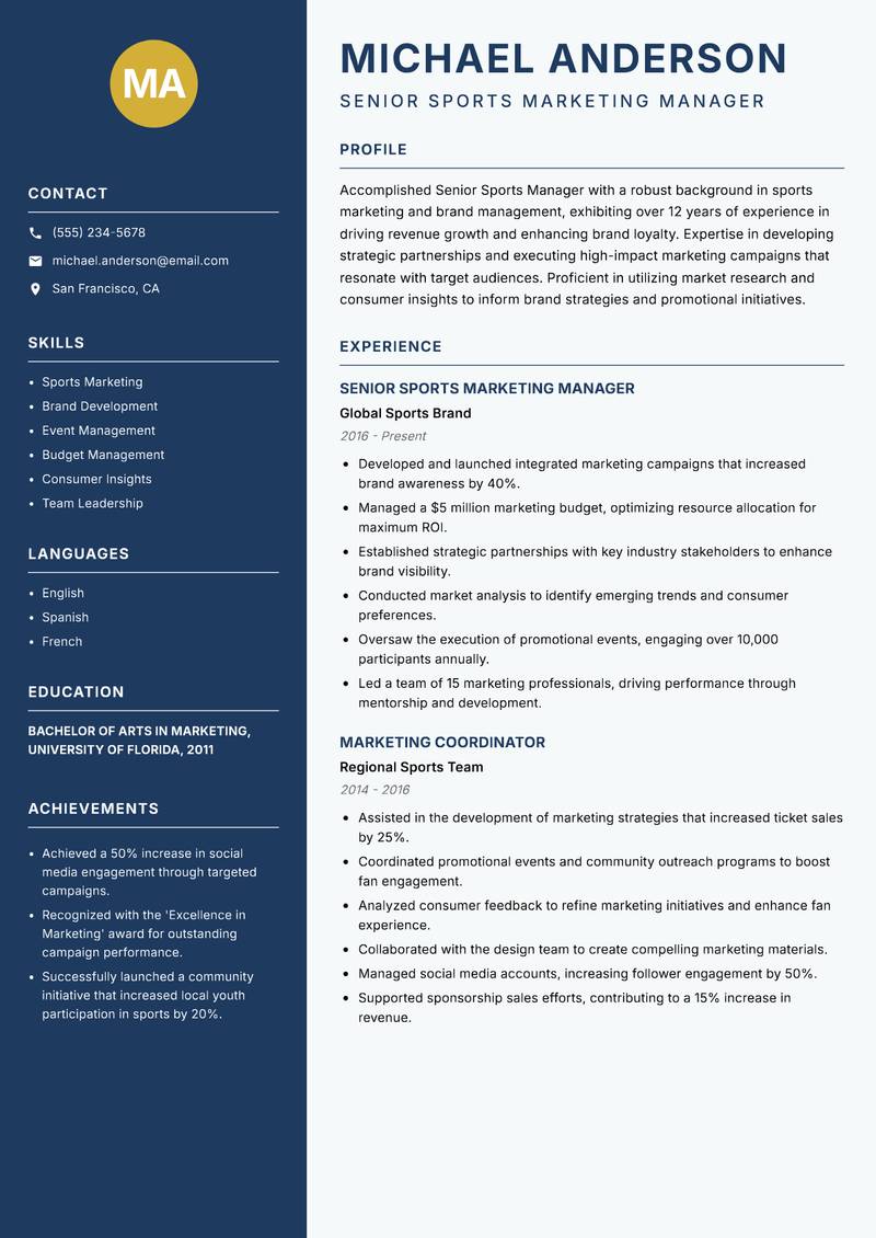Senior Sports Manager resume sample — Senior Sports Marketing Manager focus