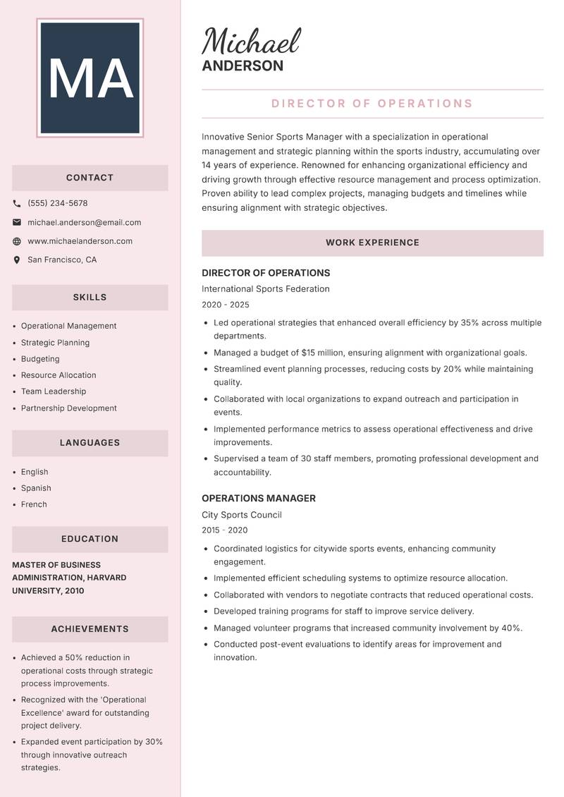 Senior Sports Manager resume sample — Director of Operations focus
