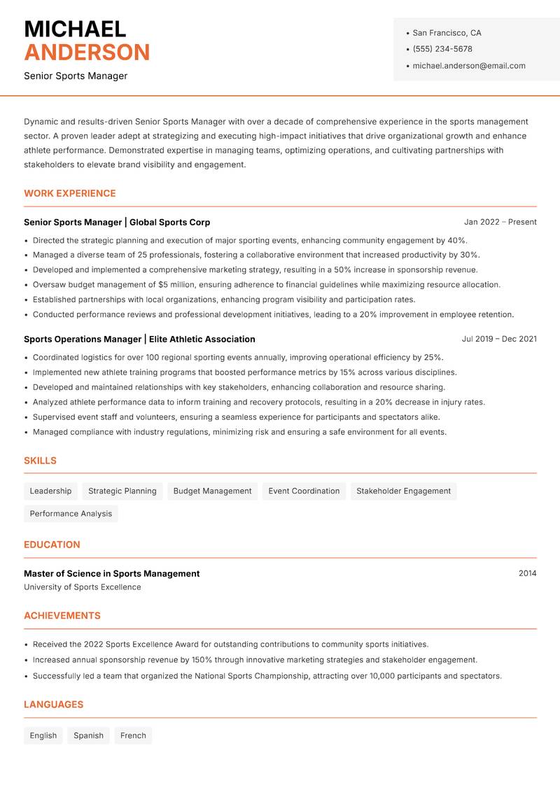 Senior Sports Manager resume sample — Senior Sports Manager focus