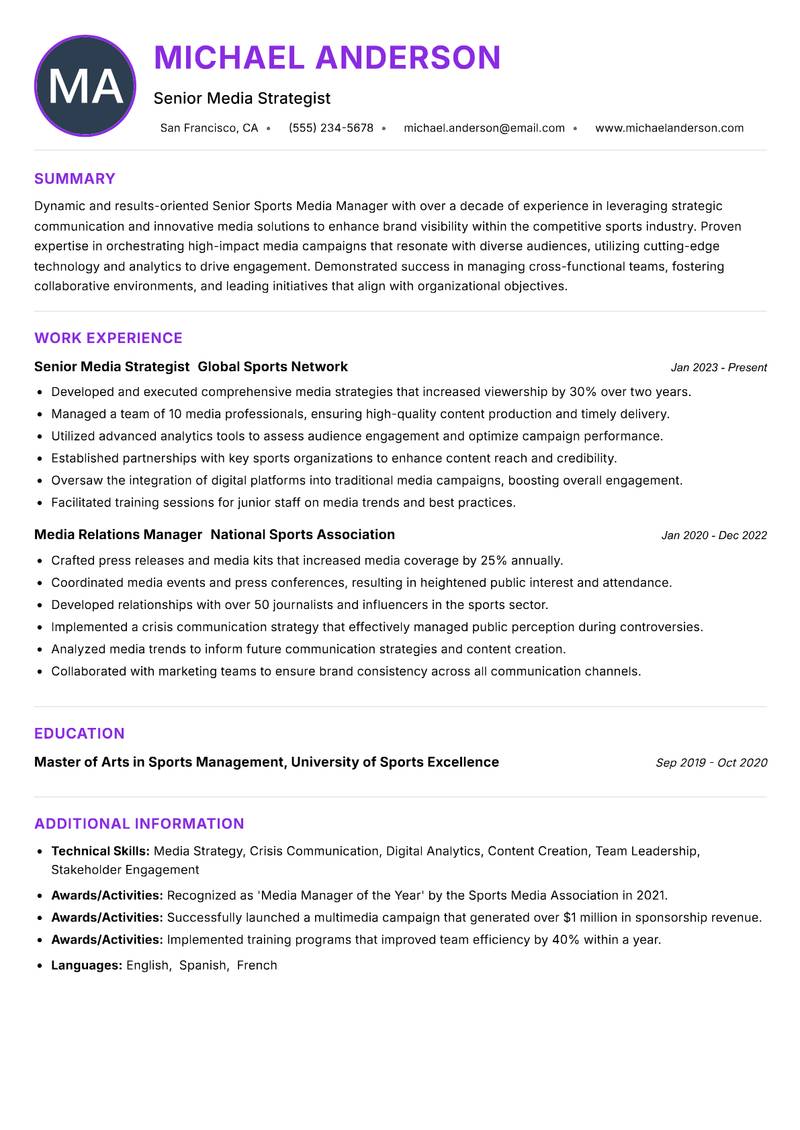 Senior Sports Media Manager resume example