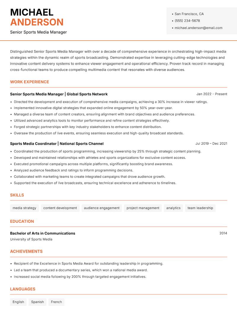Senior Sports Media Manager resume sample — Senior Sports Media Manager focus