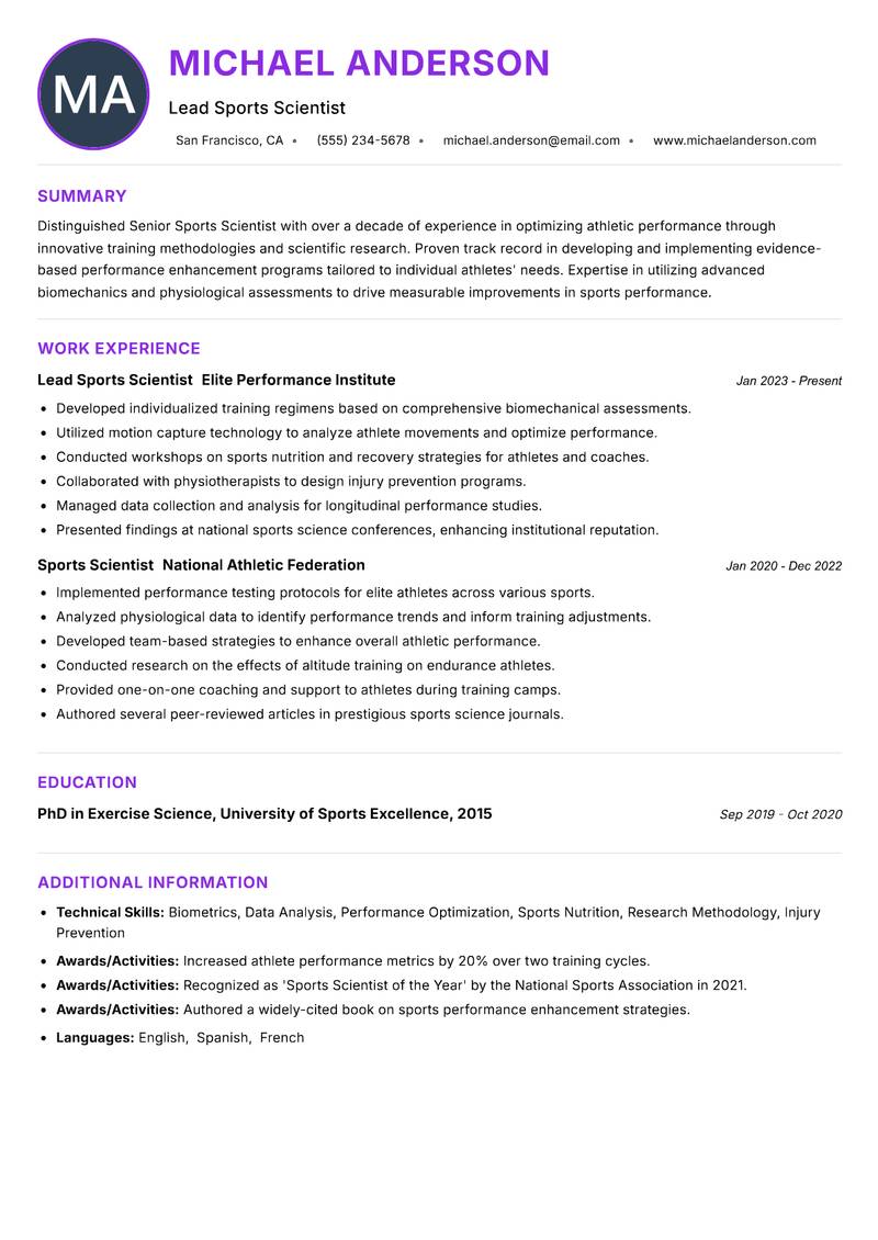 Senior Sports Scientist resume example
