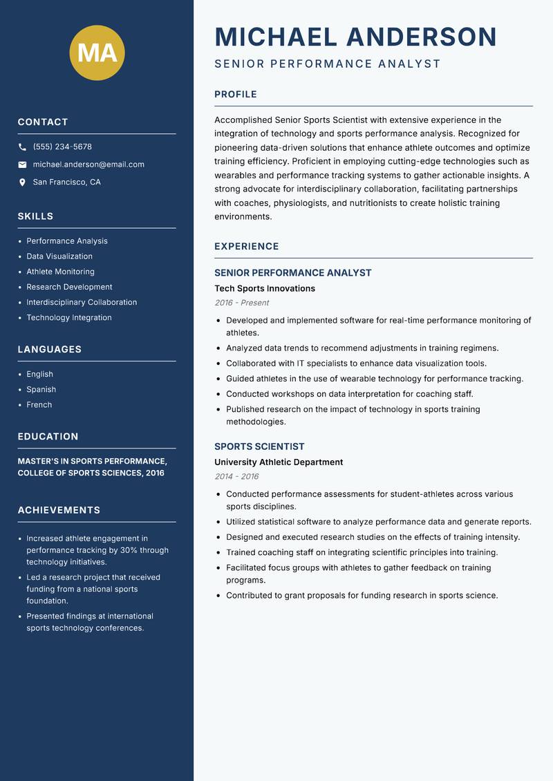 Senior Sports Scientist resume sample — Senior Performance Analyst focus