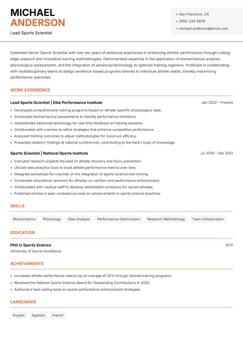 Senior Sports Scientist resume sample — Lead Sports Scientist focus