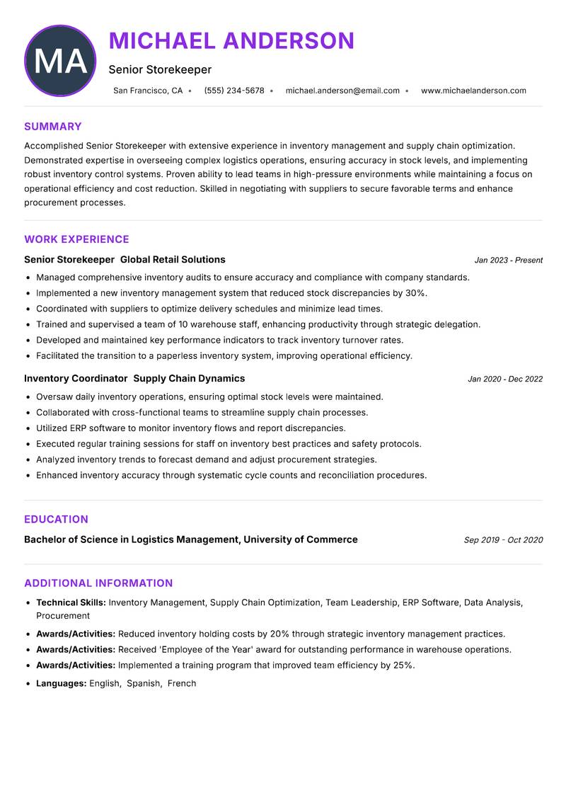 Senior Storekeeper resume example