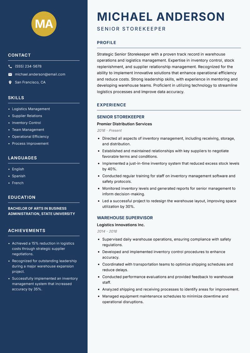 Senior Storekeeper resume sample — Senior Storekeeper focus