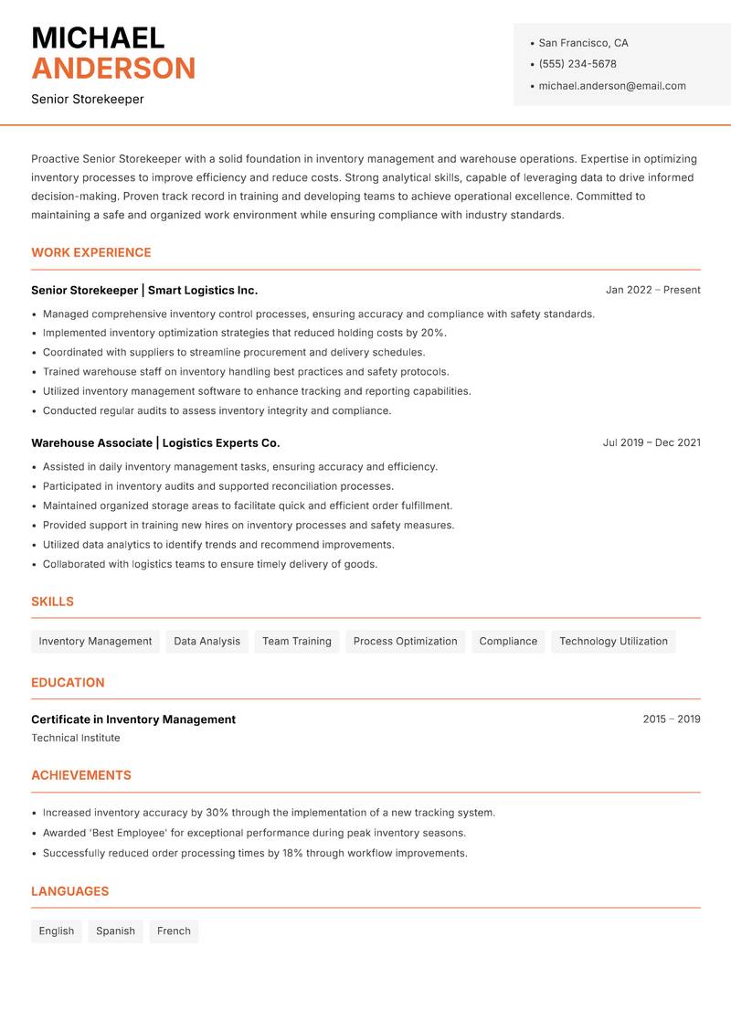 Senior Storekeeper resume sample — Senior Storekeeper focus