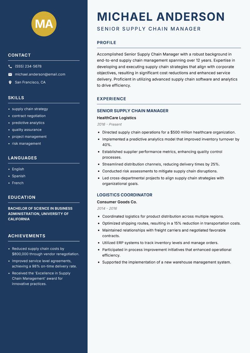 Senior Supply Chain Manager resume sample — Senior Supply Chain Manager focus