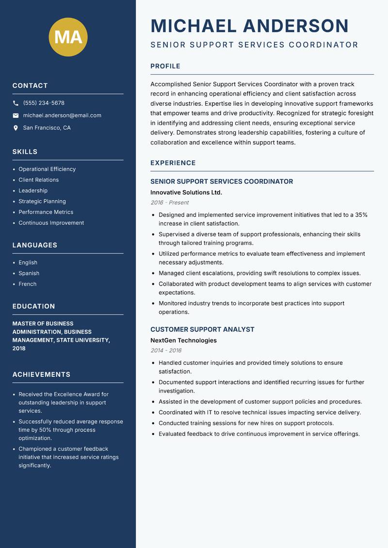 Senior Support Services Coordinator resume sample — Senior Support Services Coordinator focus