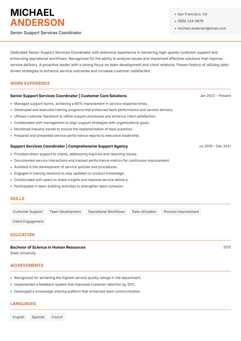 Senior Support Services Coordinator resume sample — Senior Support Services Coordinator focus