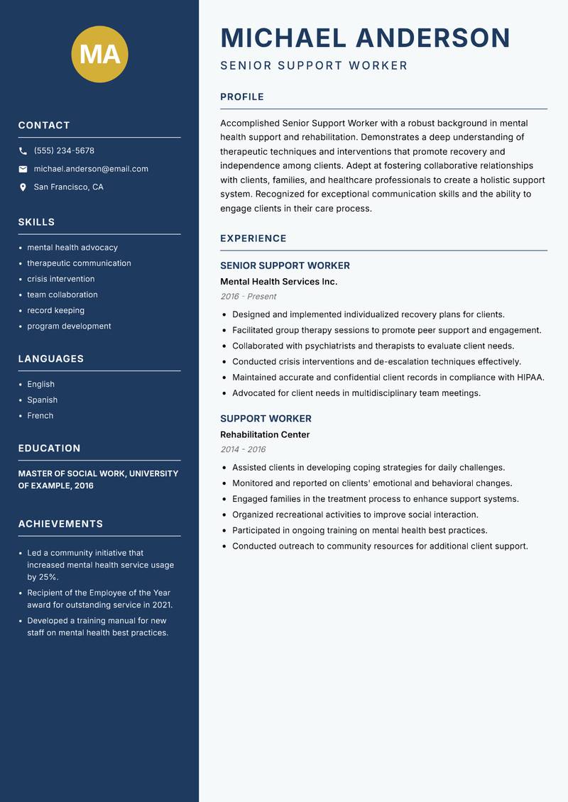 Senior Support Worker resume sample — Senior Support Worker focus