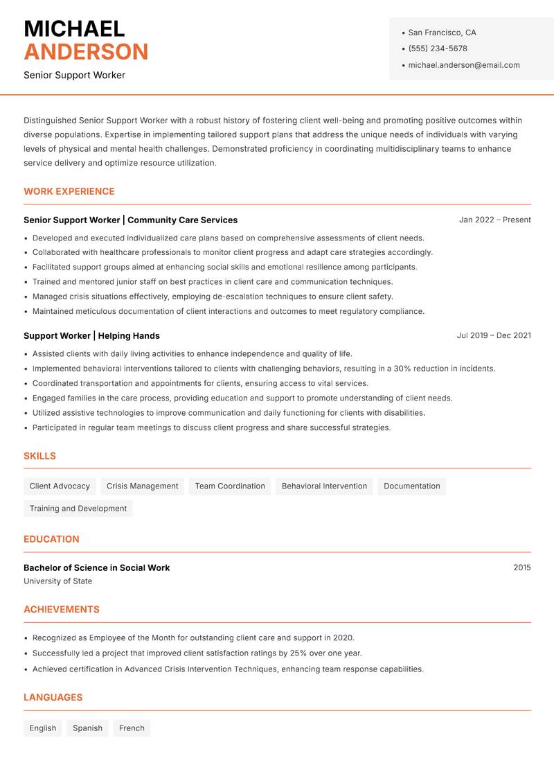 Senior Support Worker resume sample — Senior Support Worker focus