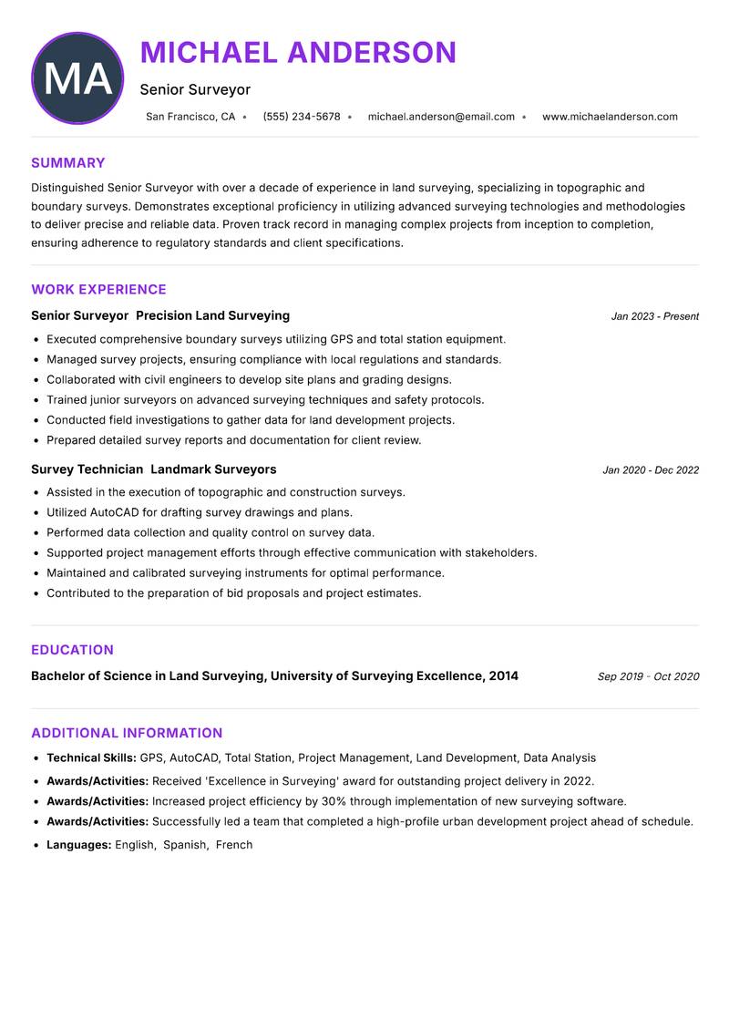 Senior Surveyor resume example