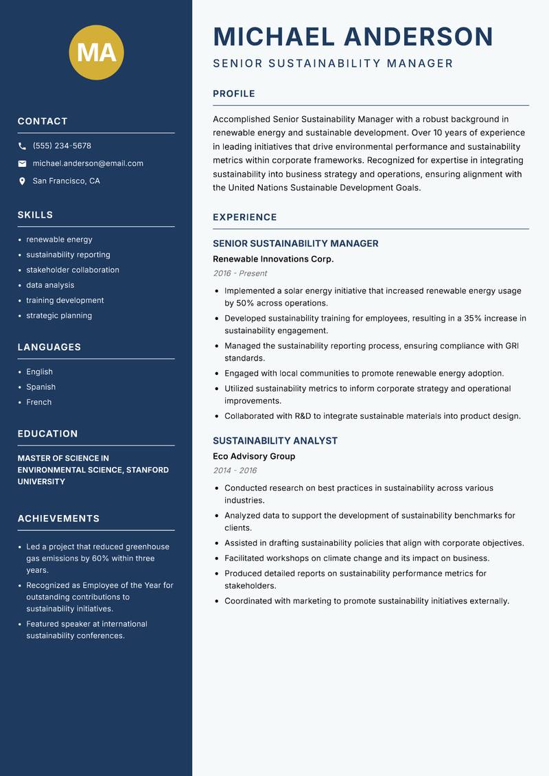 Senior Sustainability Manager resume sample — Senior Sustainability Manager focus