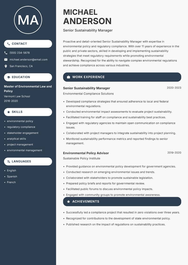 Senior Sustainability Manager resume sample — Senior Sustainability Manager focus