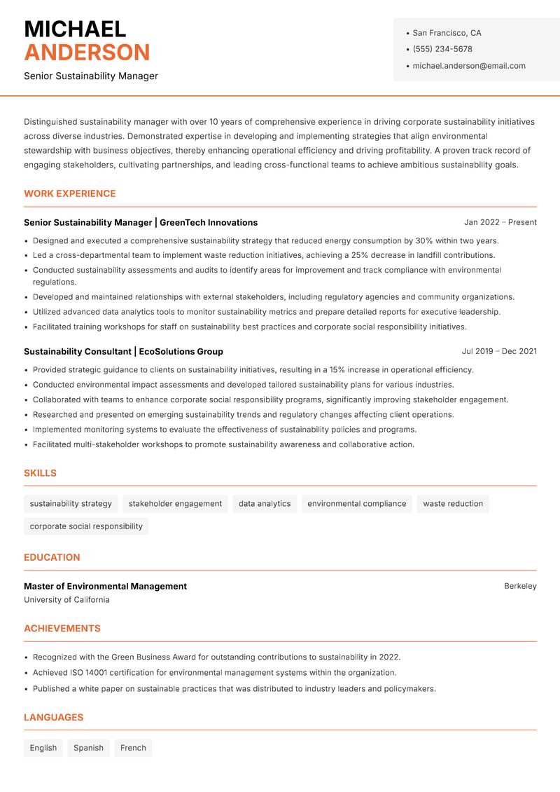 Senior Sustainability Manager resume sample — Senior Sustainability Manager focus