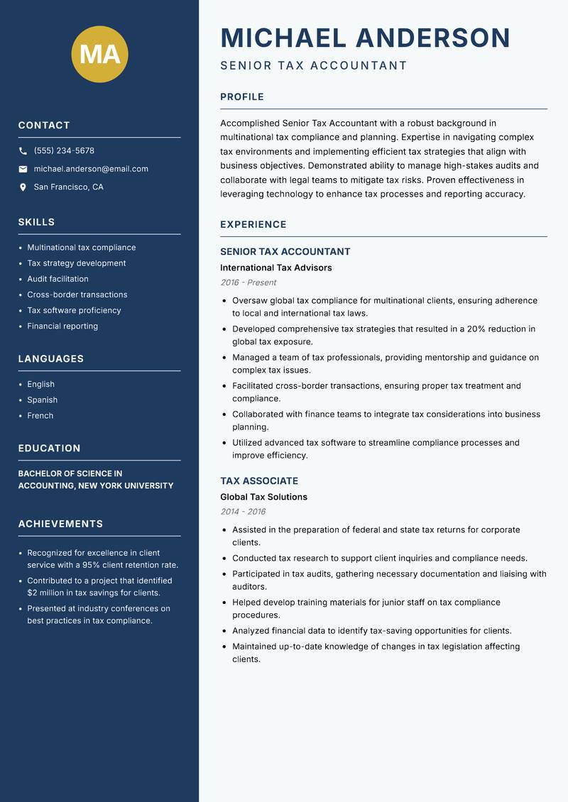 Senior Tax Accountant resume sample — Senior Tax Accountant focus