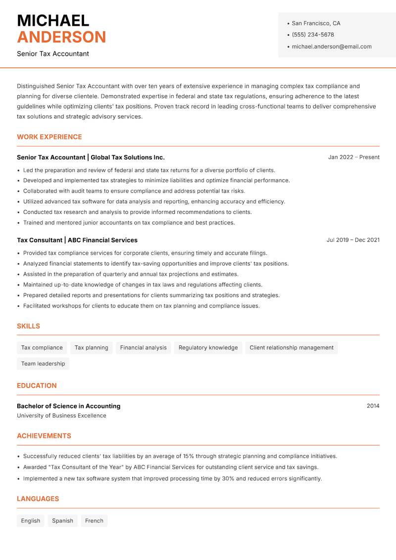 Senior Tax Accountant resume sample — Senior Tax Accountant focus