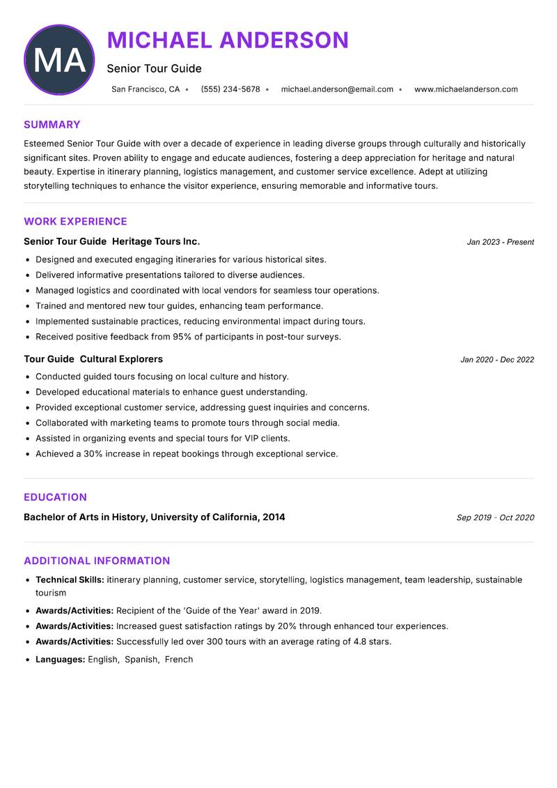 Senior Tour Guide resume example