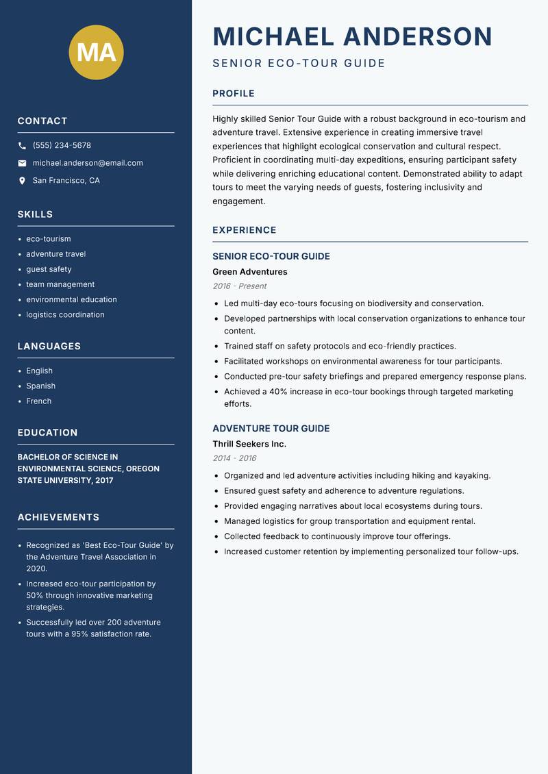 Senior Tour Guide resume sample — Senior Eco-Tour Guide focus