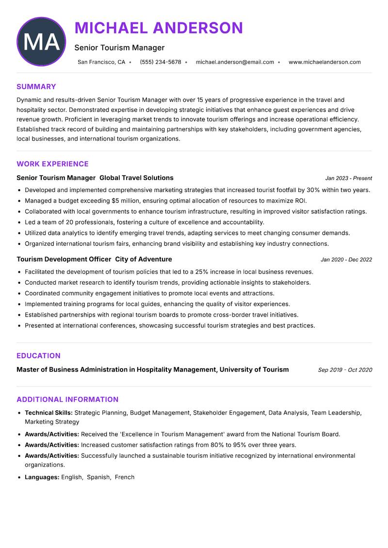 Senior Tourism Manager resume example