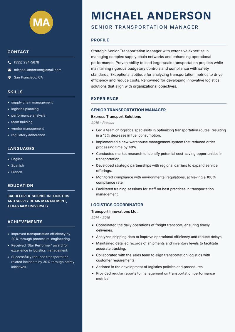 Senior Transportation Manager resume sample — Senior Transportation Manager focus