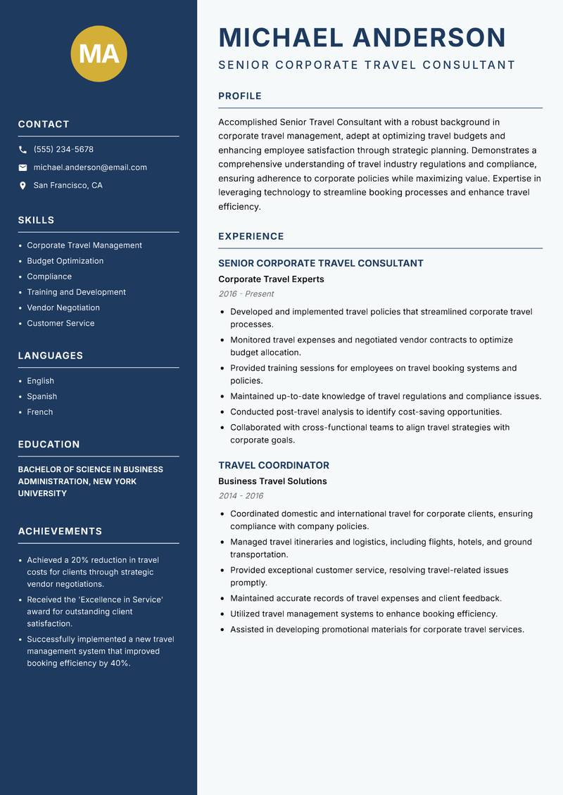 Senior Travel Consultant resume sample — Senior Corporate Travel Consultant focus