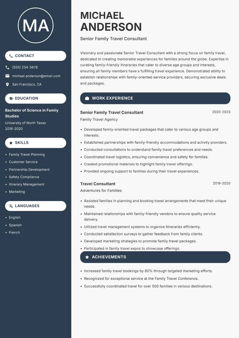 Senior Travel Consultant resume sample — Senior Family Travel Consultant focus