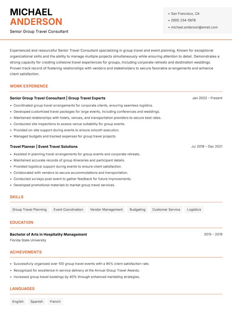 Senior Travel Consultant resume sample — Senior Group Travel Consultant focus