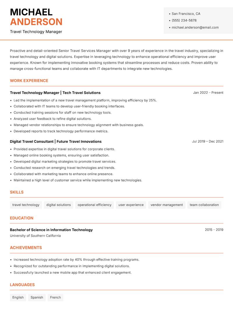 Senior Travel Services Manager resume sample — Travel Technology Manager focus