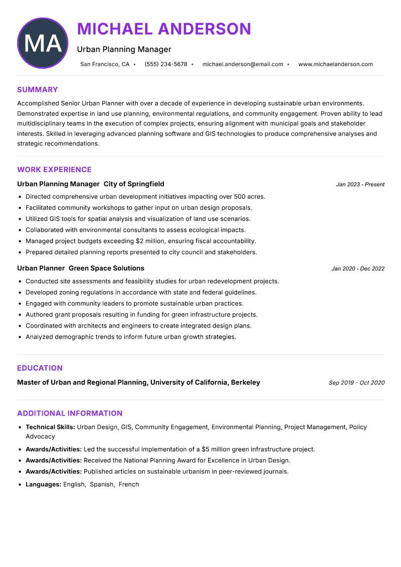 Senior Urban Planner resume example